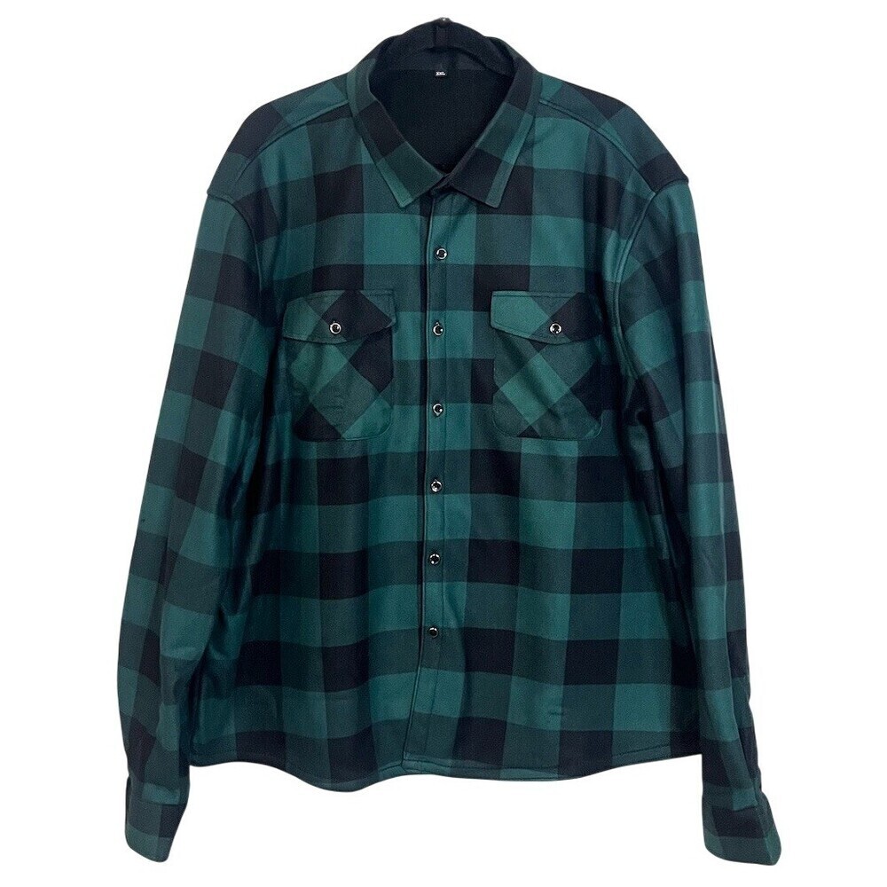 Men’s Shirt Jacket XL Green & Black Buffalo Plaid Fleece Lined Winter Fall Cozy